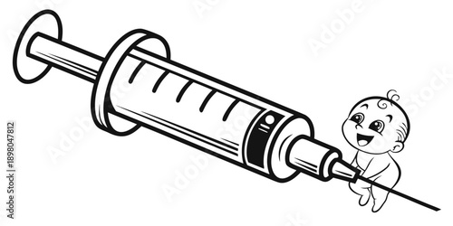 A playful baby grabbing a giant syringe in a simple illustration from a child's viewpoint