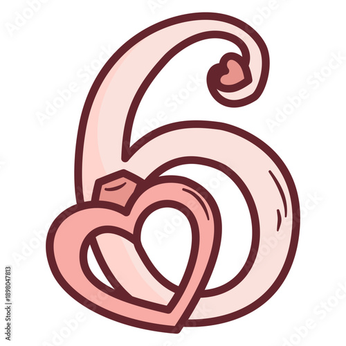 Number six numeral intertwined with a heart wedding ring outline icon