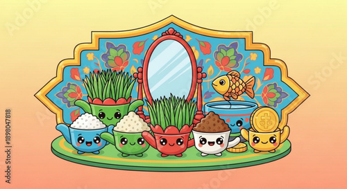 Colorful nowruz haft seen table setting with mirror and food