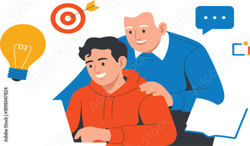 Grandfather and Grandson Learning Together on Laptop – Family Education Illustration