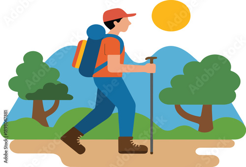Hiker on Mountain Trail with Backpack and Poles – Outdoor Adventure Vector