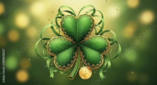 Lucky green four leaf clover with gold accents and ribbons on blurred background