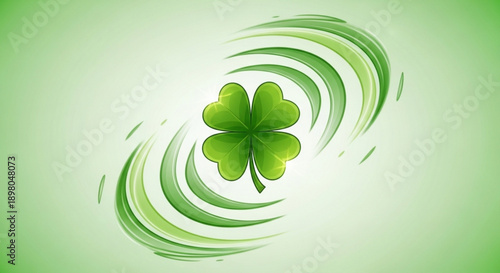 Green four leaf clover with swirling motion on light green background for luck and st patrick's day