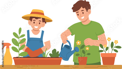 Couple Gardening on Balcony with City View – Urban Gardening Vector