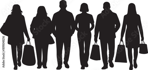 Black silhouettes of people walking with shopping bags