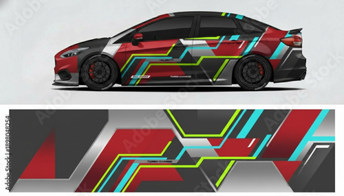 Dynamic car wrap design with abstract geometric patterns and vibrant color accents.