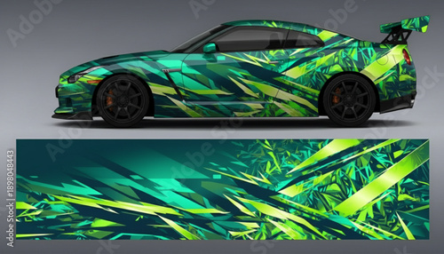A green sports car with a vibrant abstract geometric wrap design, showcasing dynamic lines and sharp angles.