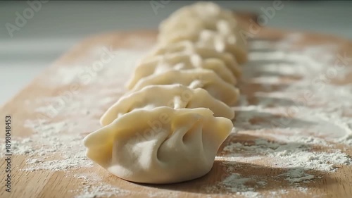 Handmade uncooked dumplings are carefully lined up in a row on a wooden cutting board lightly dusted with white flour ready for cooking preparation.