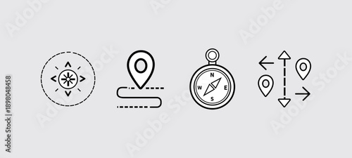Navigation and Location. Vector symbols for travel, map, and location. Arrow, pin, signpost, and guide elements. GPS orientation. compass icon symbol. route sign.