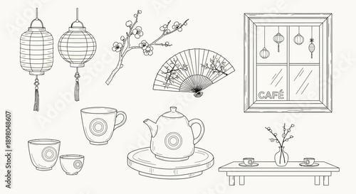 A collection of traditional Asian decorative items and tea set elements, including lanterns, a fan, and a teapot with cups.