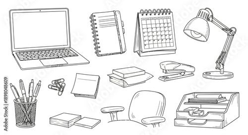 A detailed illustration of various office supplies and equipment, including a laptop, desk lamp, typewriter, and stationery items.