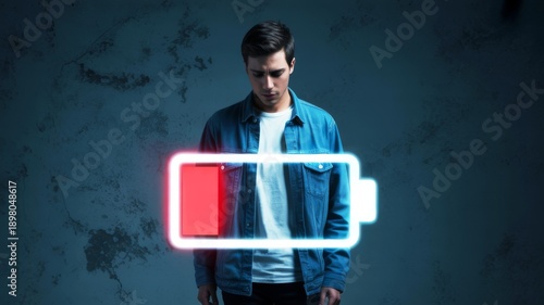 A young man appears contemplative, with a low battery icon projected in front of him, symbolizing fatigue or depletion against a dark background.