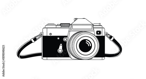 A black and white line drawing of a vintage slr camera