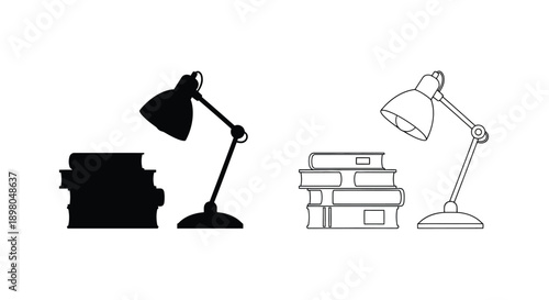 Black and white illustration of lamps and stacked books
