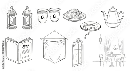 A collection of Islamic cultural and religious elements, including lanterns, cups, dates, prayer beads, a book, a banner, a window, and a dining scene.