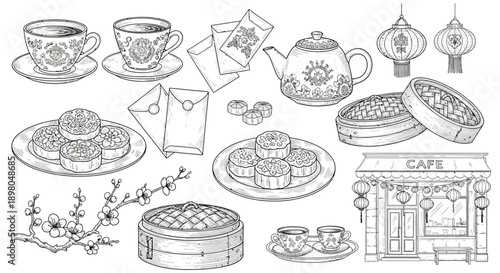 A collection of traditional Chinese New Year and Mid-Autumn Festival elements, including tea sets, mooncakes, lanterns, and a cafe.
