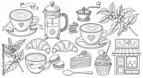 A charming hand-drawn illustration of a cafe scene, featuring coffee, pastries, and decorative elements.