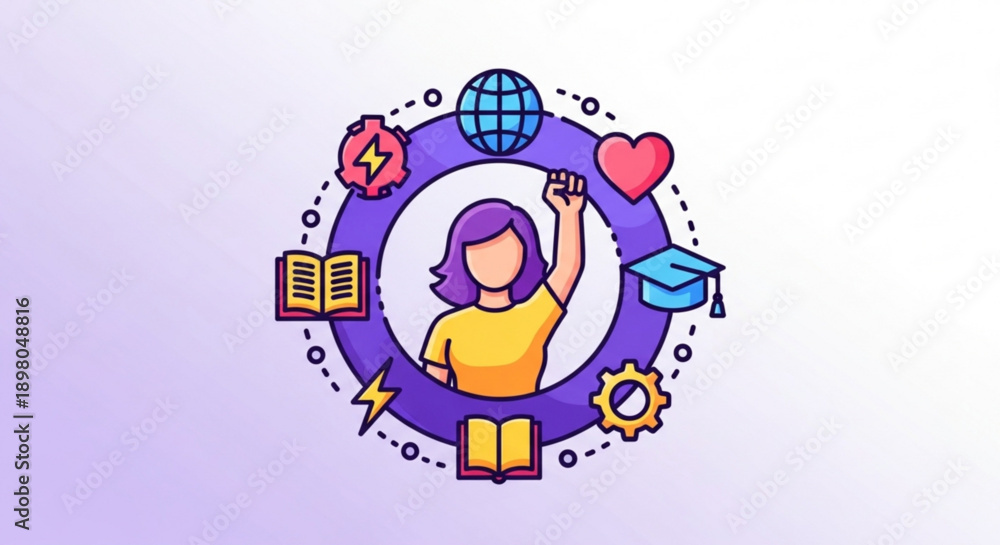 Fototapeta premium Woman surrounded by education icons learning and development concept