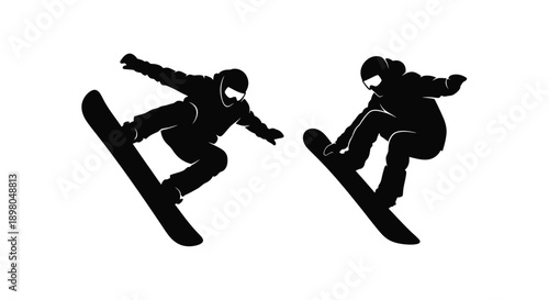 Two snowboarders in mid air depicted in a striking black silhouette style