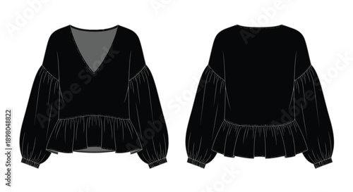 Black women s blouse design with v neck and puffy sleeves front and back view