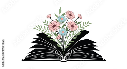 An open book blooms with delicate pastel flowers and green foliage