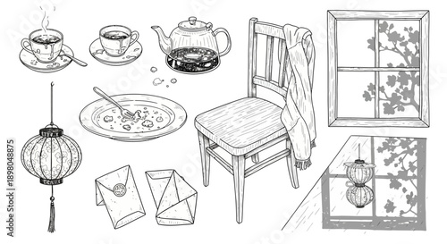 A collection of hand-drawn sketches depicting a cozy domestic scene with tea, soup, letters, a chair with a coat, and window views.