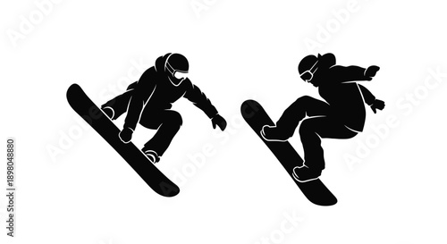 Two snowboarders in mid air performing tricks depicted in silhouette style
