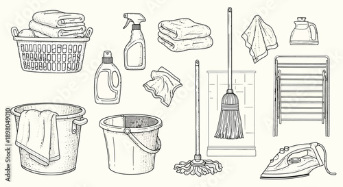 A collection of various cleaning supplies and tools, including a mop, iron, spray bottles, buckets, and towels, arranged in a scattered pattern.