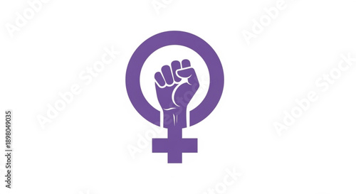 Purple feminist symbol with raised fist and venus sign on white background