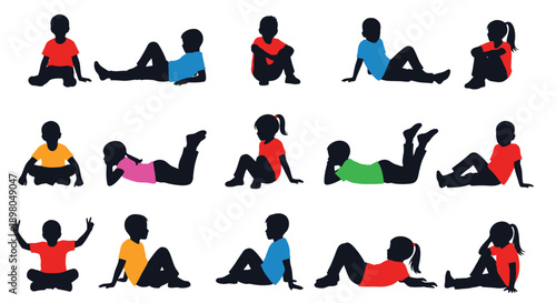 Colorful silhouettes of people in various poses and actions