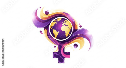Vibrant purple yellow and pink swirls around a female symbol with a globe