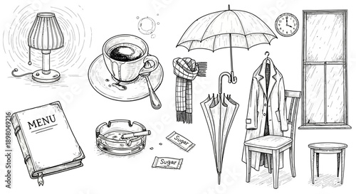 A collection of hand-drawn sketches featuring everyday objects like a lamp, coffee cup, umbrella, coat, and window.