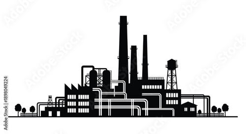 Silhouette of an industrial complex with smokestacks and connected structures