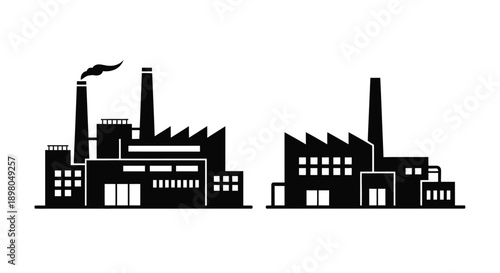 Black and white illustration of industrial factory buildings with smokestacks