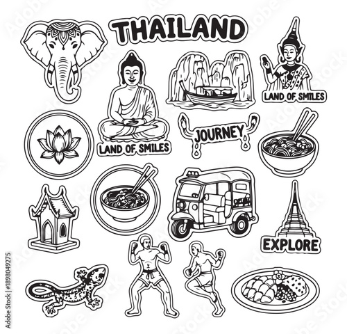 thailand travel doodle icons, thai culture illustrations, asia tourism symbols, thailand landmark graphics, street food elements, vacation sketch pack, travel outline icons

