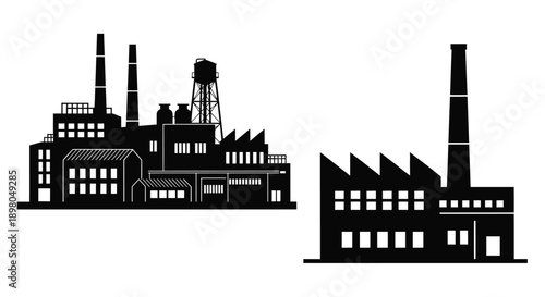 Black and white silhouette illustration of an industrial factory complex