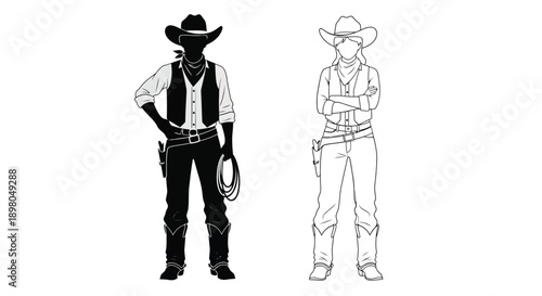 Two cowboys stand facing forward depicted in contrasting styles
