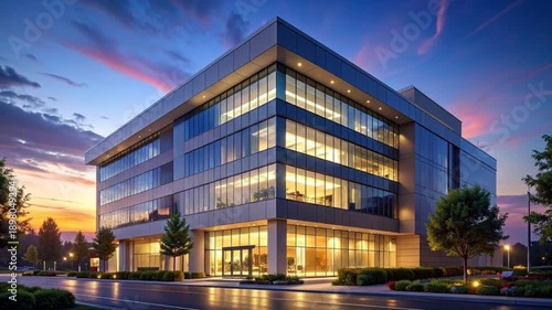 Modern office building with glass facade reflecting the colorful sunset sky.