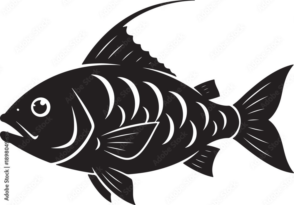Fototapeta premium Black silhouette of a stylized fish with white details on a white background also transparent background