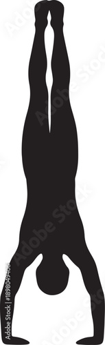 Black silhouette of a person performing a handstand with legs extended upwards also transparent background