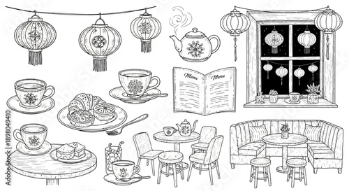 A charming hand-drawn illustration of a cozy cafe interior with tea sets, pastries, and decorative lanterns.
