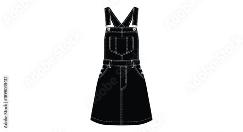 Black denim overall dress technical fashion illustration on white background