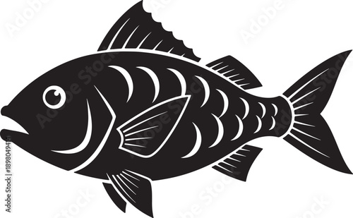 Black silhouette of a stylized fish with open mouth and detailed fins and scales also transparent background