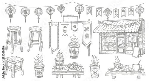 A charming hand-drawn sketch of a street food stall with decorative lanterns, banners, and seating, featuring steaming drinks and snacks.