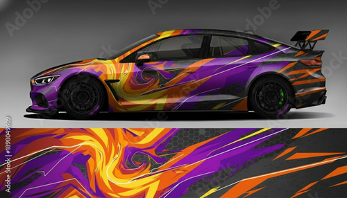 A sports car with a vibrant, abstract purple, orange, and yellow graphic wrap design, displayed alongside the full flat graphic pattern.