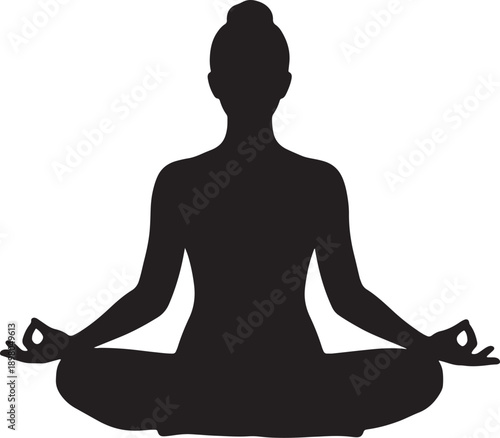 Black silhouette of a woman meditating in lotus pose with hands in Gyan Mudra on a white background also transparent background