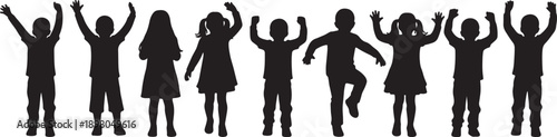 Diverse group of children silhouettes with arms raised in celebration or excitement also transparent background