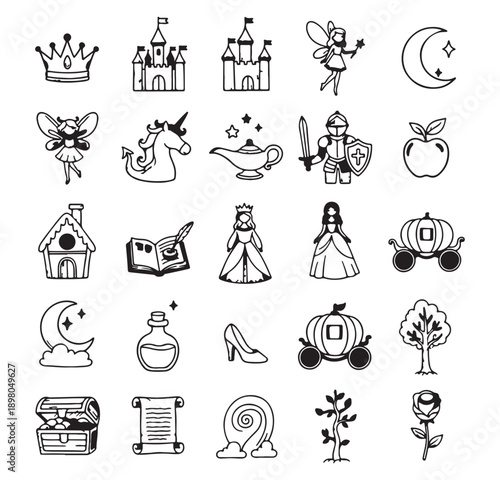 magic fantasy doodle icons, wizard spell illustrations, fairytale symbol collection, mystical hand drawn graphics, fantasy character elements, magical sketch pack, enchanted icon set

