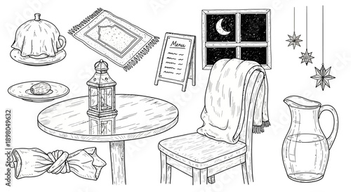 A charming hand-drawn illustration depicts a cozy dining scene with a table, chair, and various decorative elements.