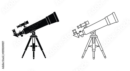 Black and white line art depicting two refracting telescopes on tripods